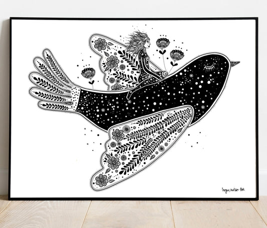 The Flying Girl & Her Pet Bird / Art Print